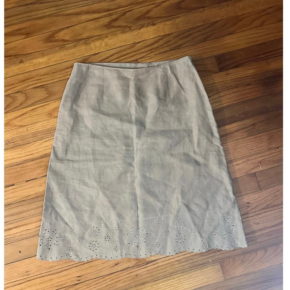Chic Beige Linen Skirt Scalloped Cut-Out Hem Detail Side Zip Size 8